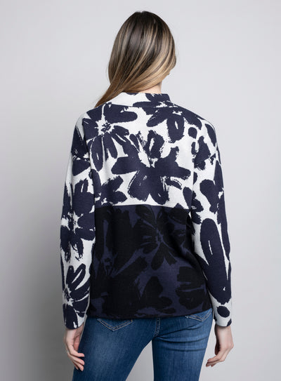 Funnel Neck Floral Jacquard Top - Navy + Off White