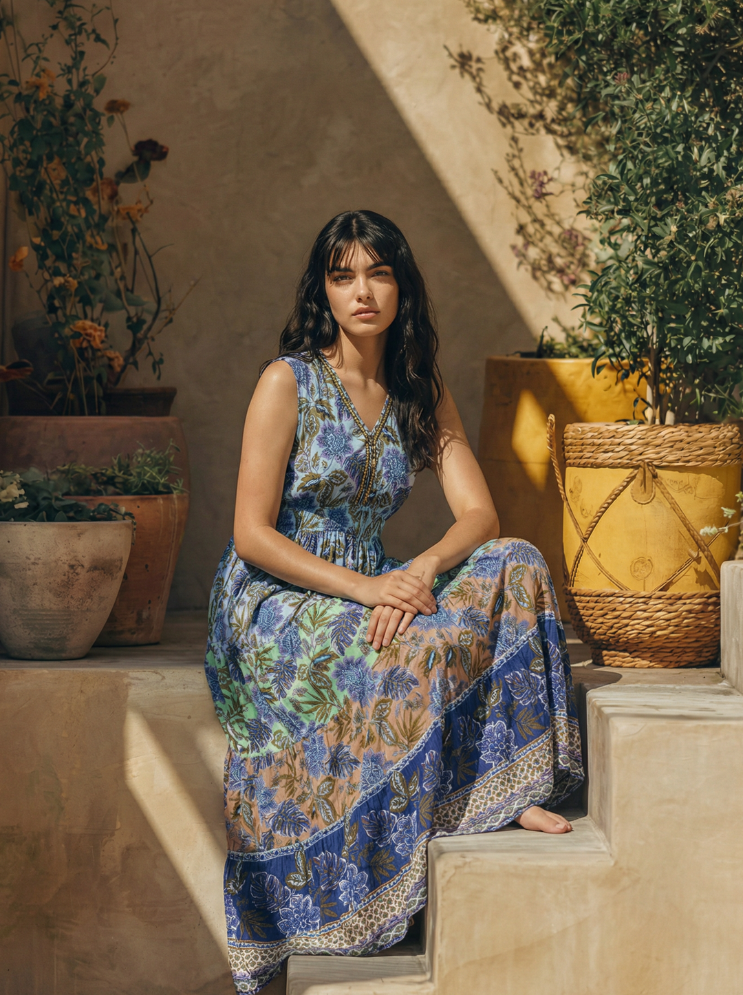 Woman in a floral dress sitting on stone steps with plants around her.