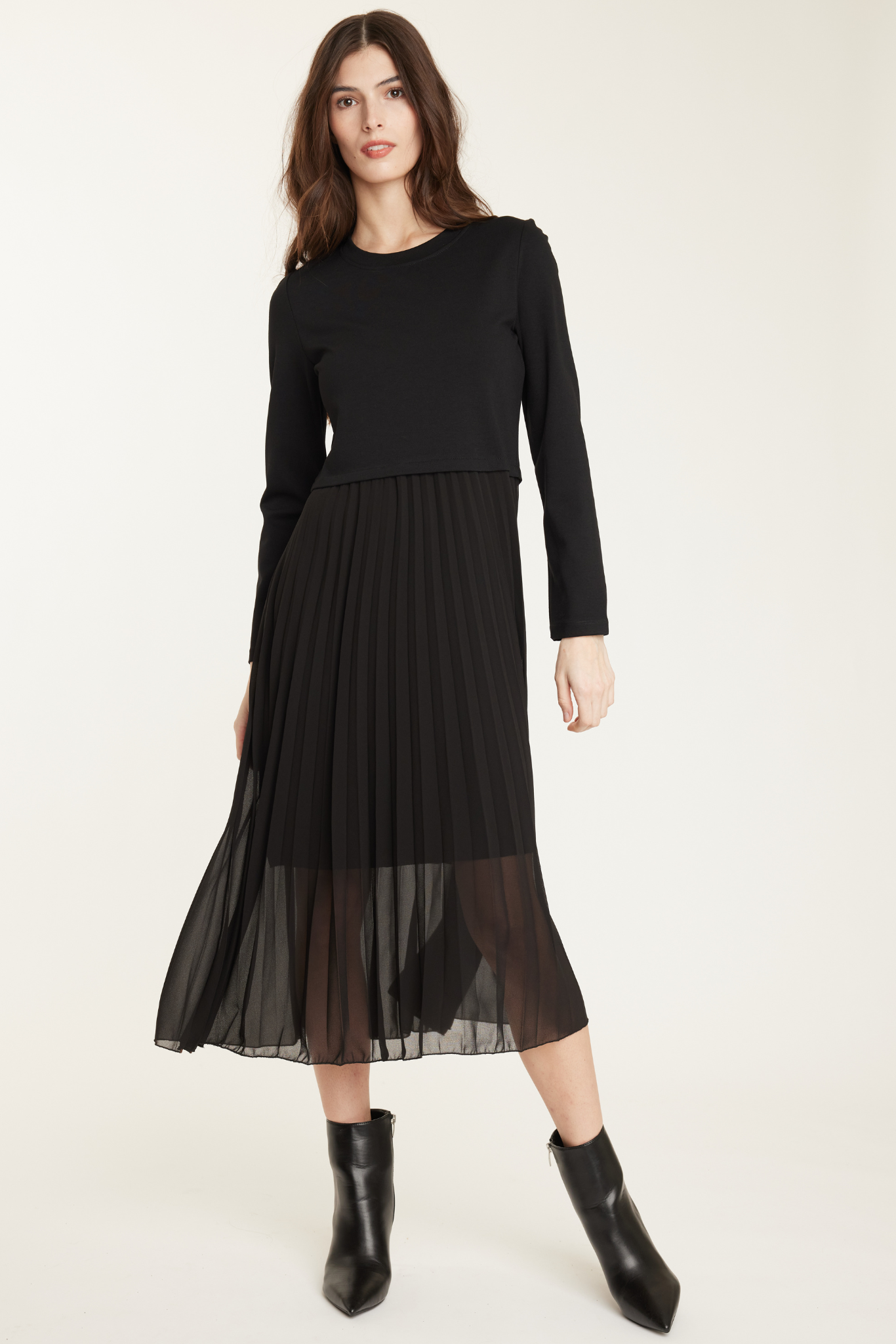 Ponte Dress with Pleated Georgette Bottom - Black