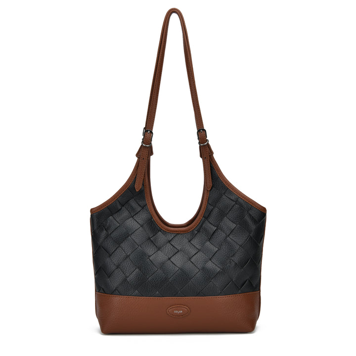 A black woven leather hobo shoulder bag with brown leather trim and base, featuring a small oval logo plaque on the front.