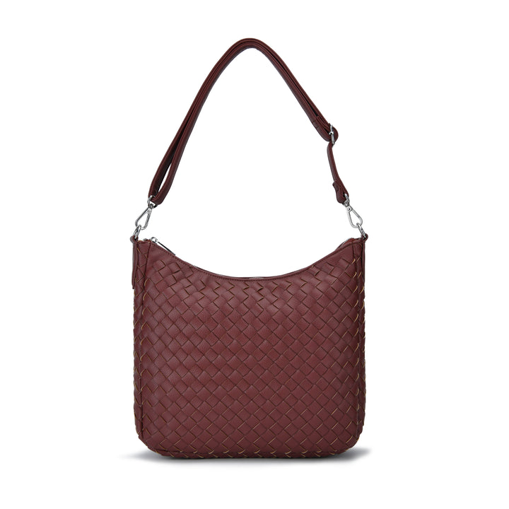 A dark burgundy woven leather shoulder bag with a single shoulder strap and silver-tone hardware, shown against a plain white background.