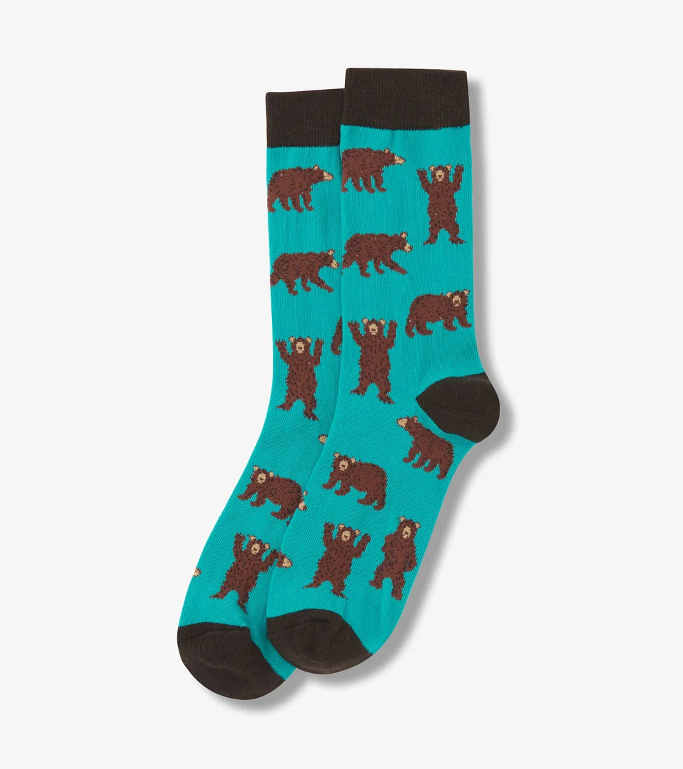 Teal socks with brown bear pattern on a white background