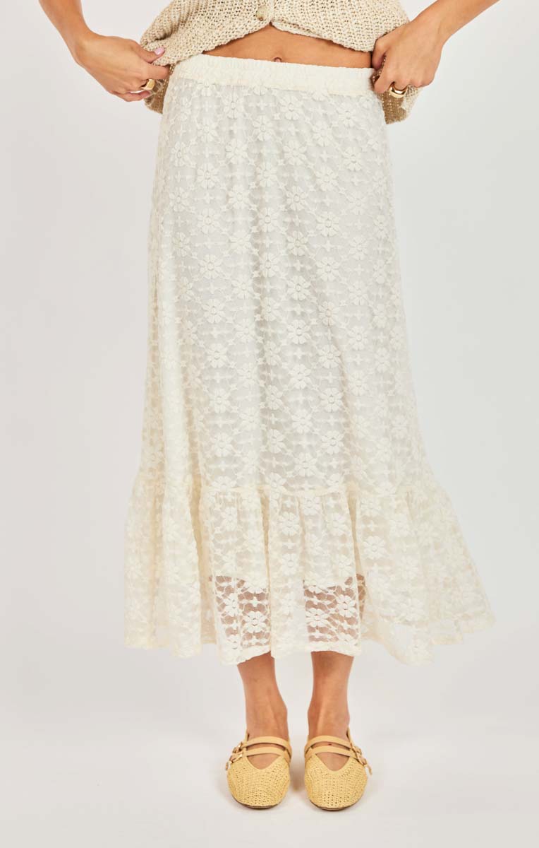 Person wearing a white lace skirt with a plain background