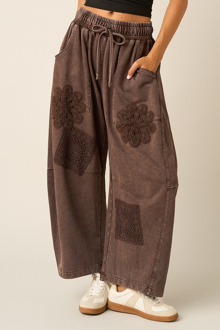Mineral Wash Crochet Patch Barrel Leg Pants