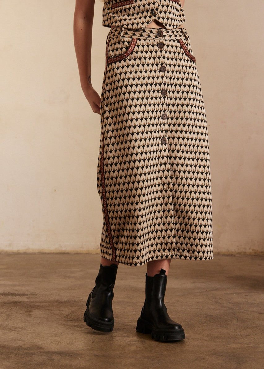 The Anisha Long Jacquard Skirt - Camel Black