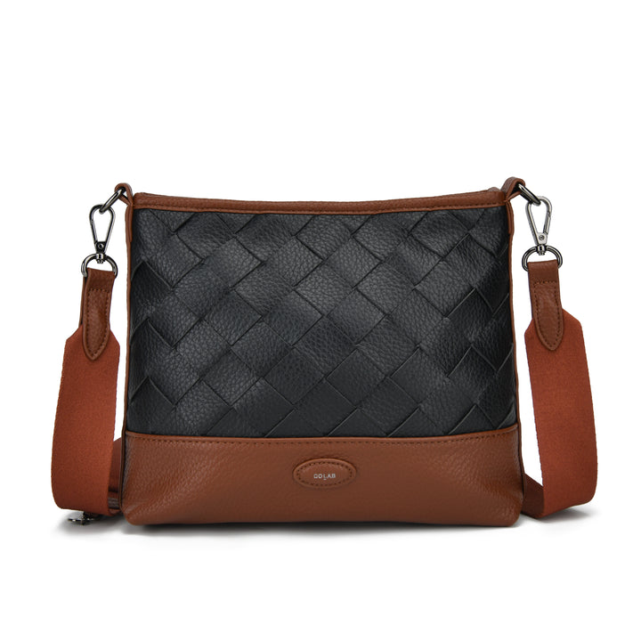 A structured leather shoulder bag with a black woven front panel, brown leather base, and matching brown shoulder strap, shown on a plain white background.