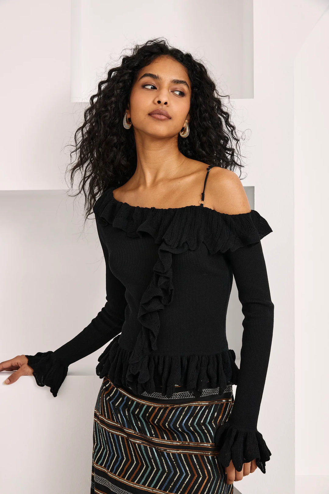 Nekane Off Shoulder Ruffled Jersey Top - Black