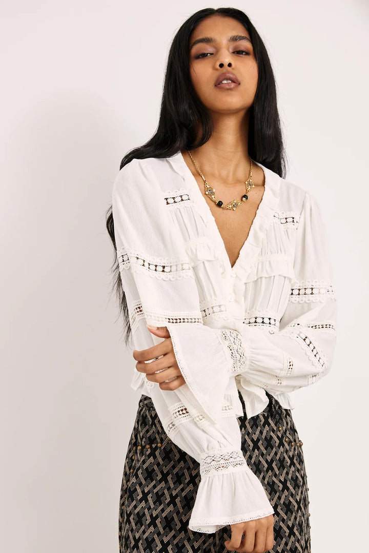 Nekane Ruffled and Lace Trim Blouse - White