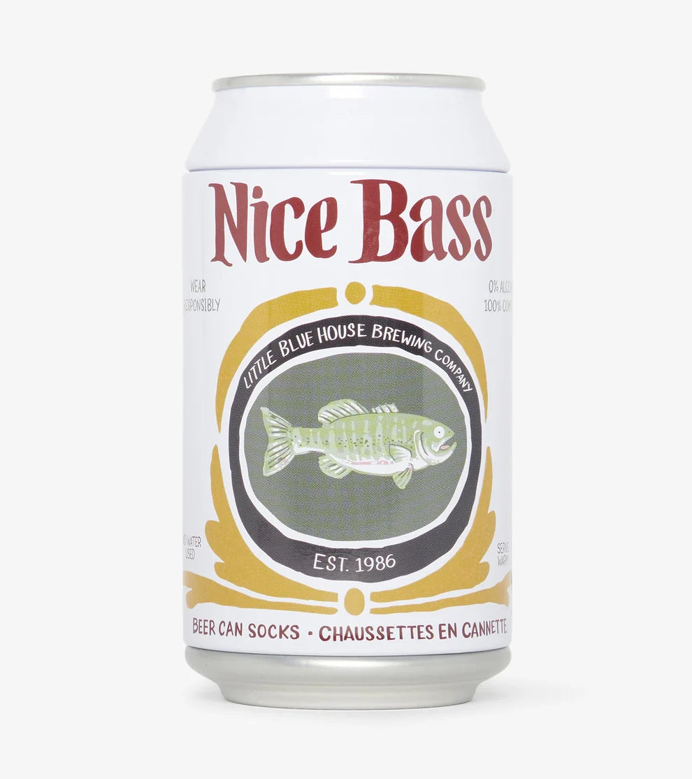 Can of Nice Bass beer with a fish graphic on a white background