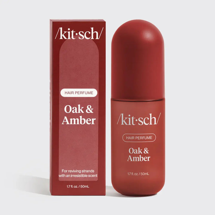 Kit-sch Oak &amp; Amber hair perfume bottle and packaging on a white background