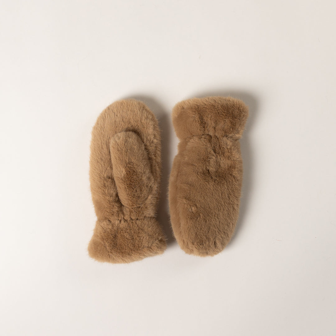 A pair of soft, fuzzy brown mittens photographed from above on a plain light background.