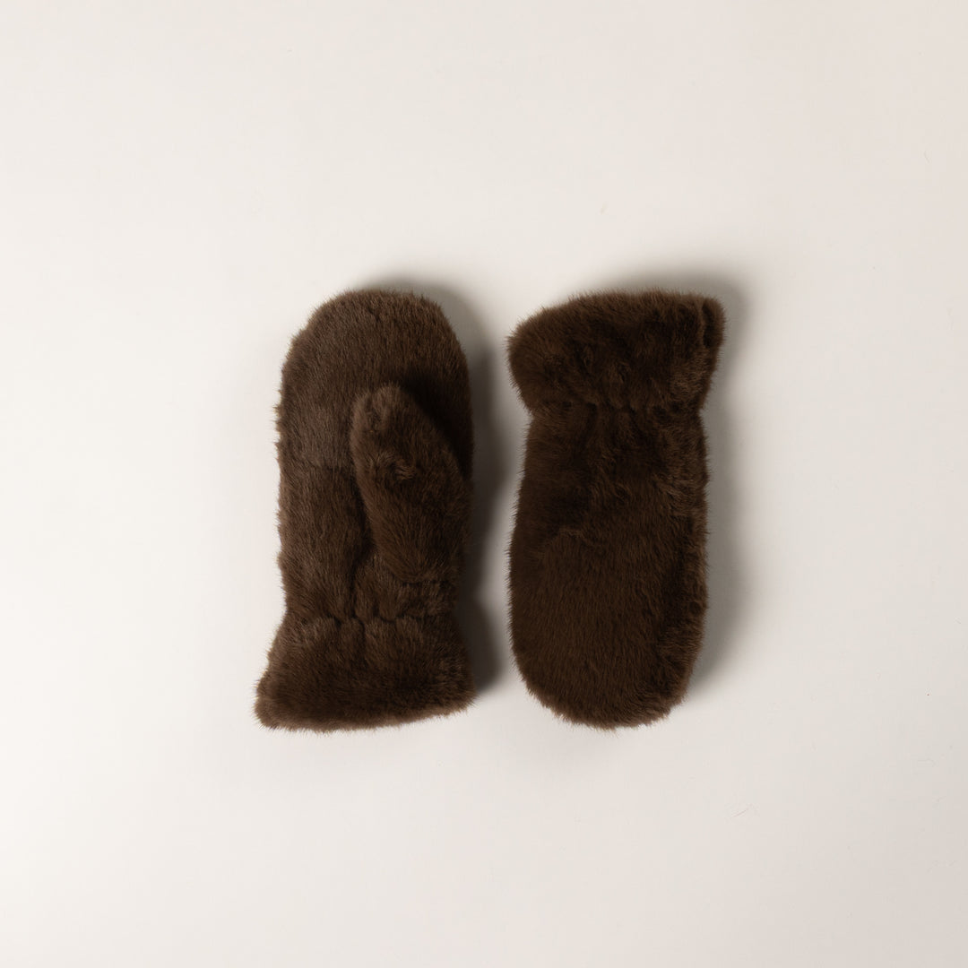 Pair of brown mittens on a light beige background