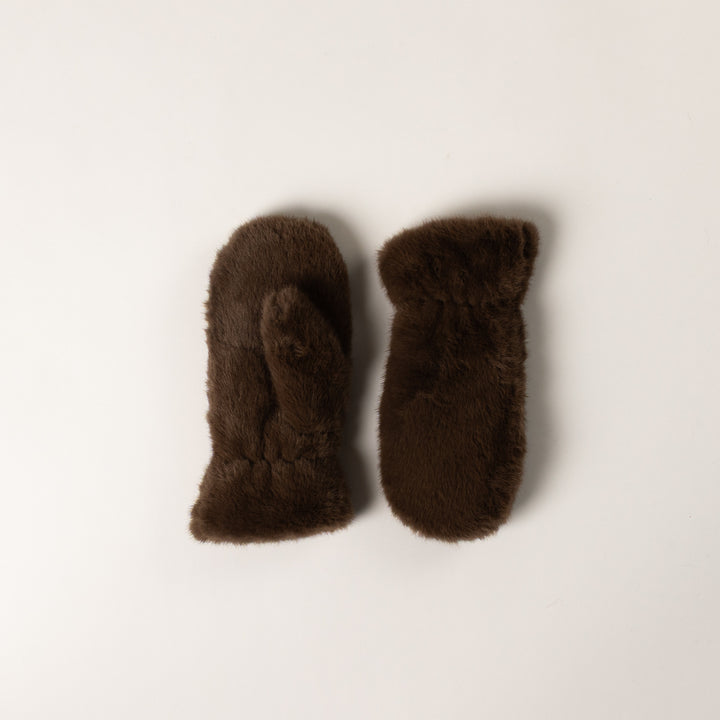 Pair of brown mittens on a light beige background