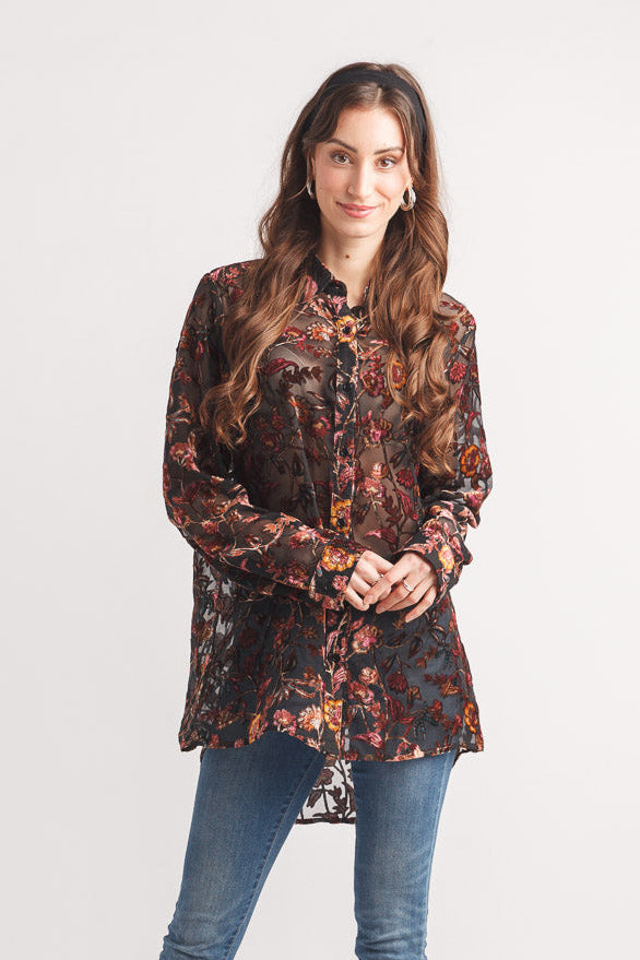 Floral Velvet Burnout Collared Blouse - Black