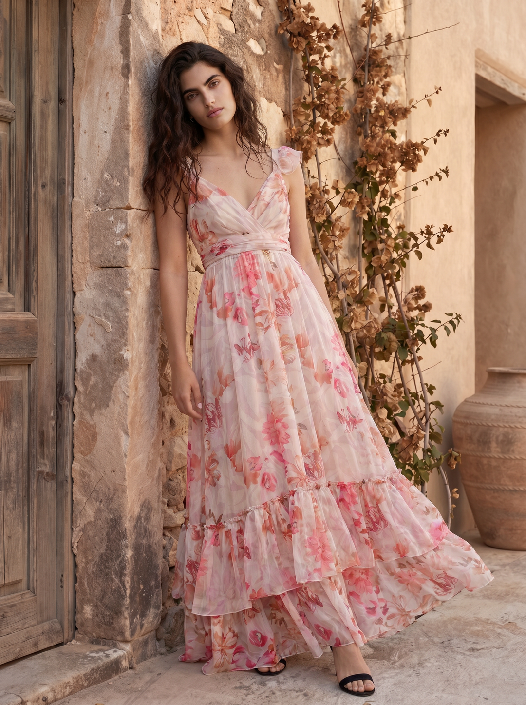 Ruffled Floral Chiffon Tiered Maxi Dress - Peach Floral