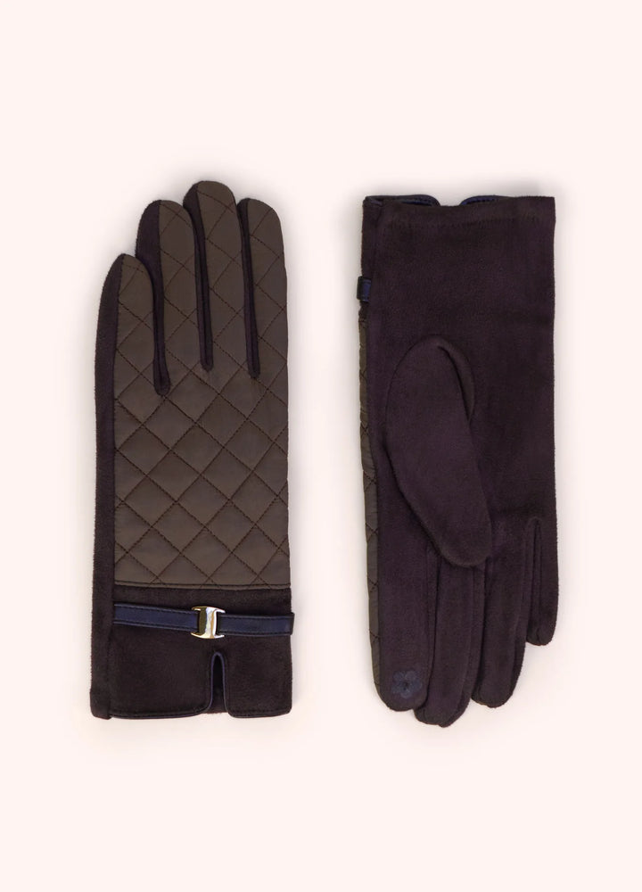 Pair of black gloves with quilted design on a white background