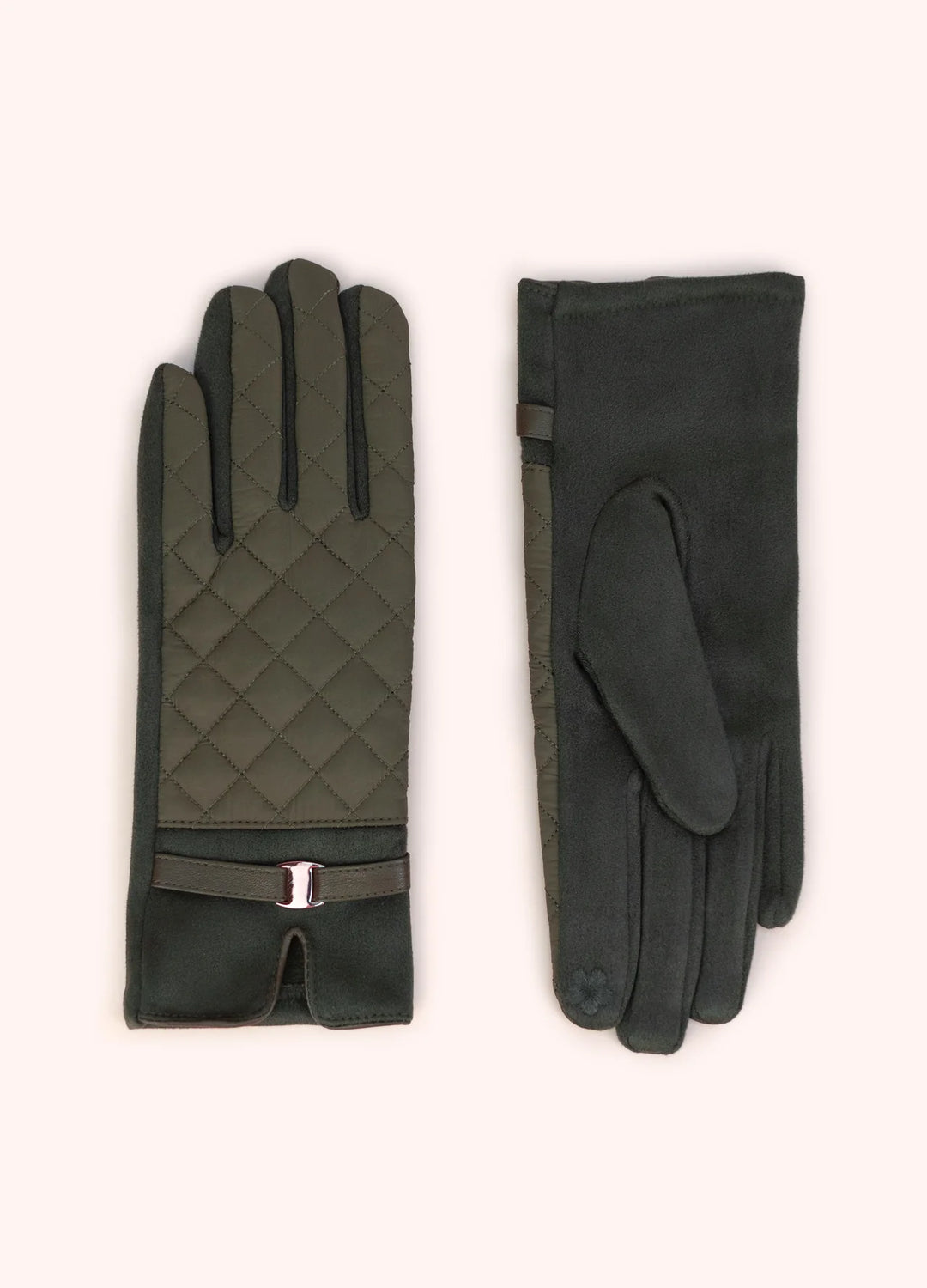Pair of green gloves with quilted design on a white background