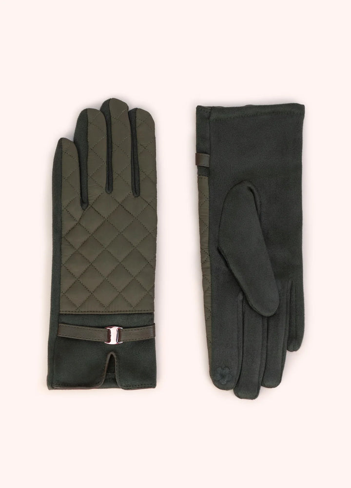Pair of green gloves with quilted design on a white background