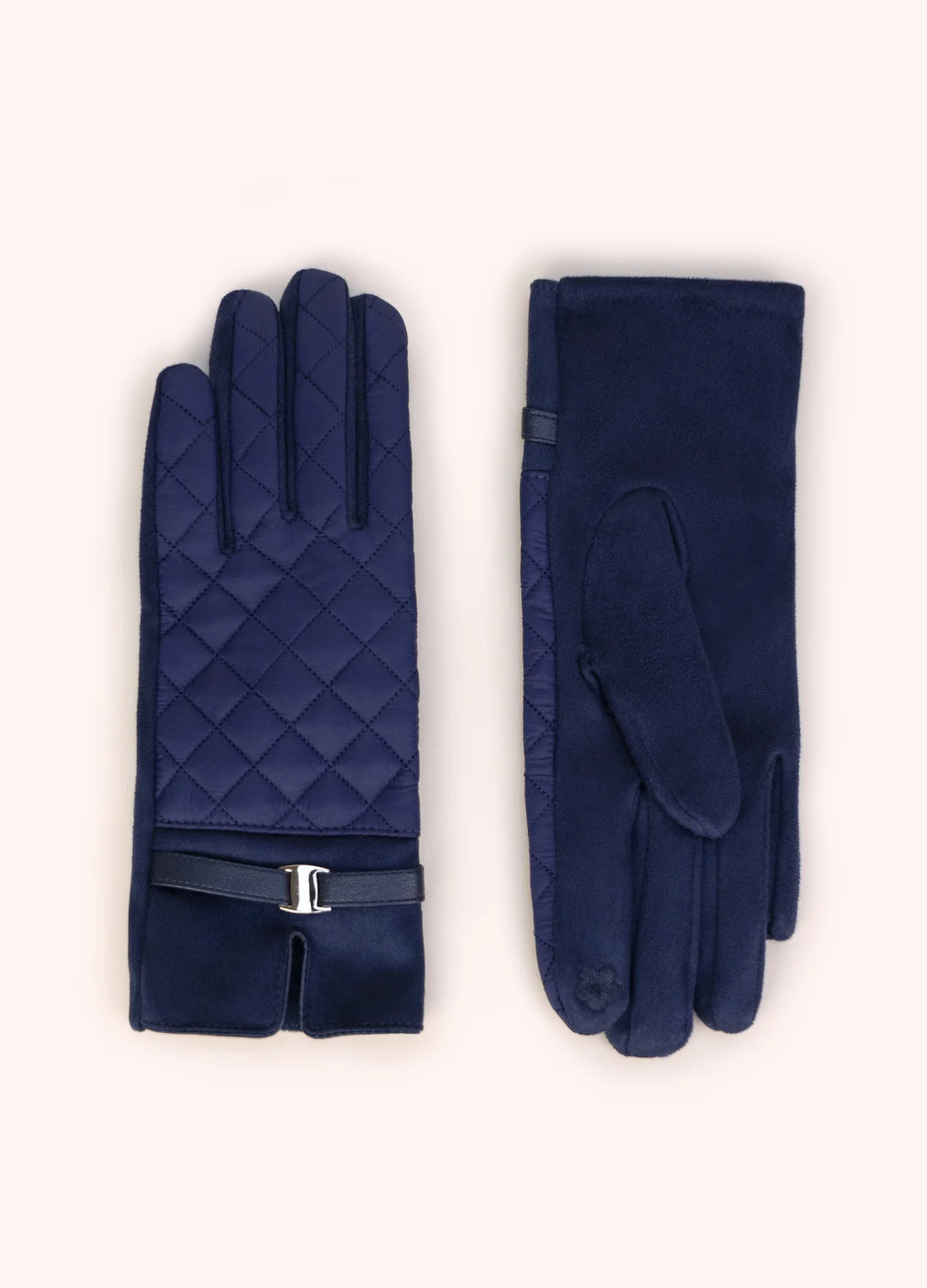 Pair of navy blue gloves with a quilted design on a white background