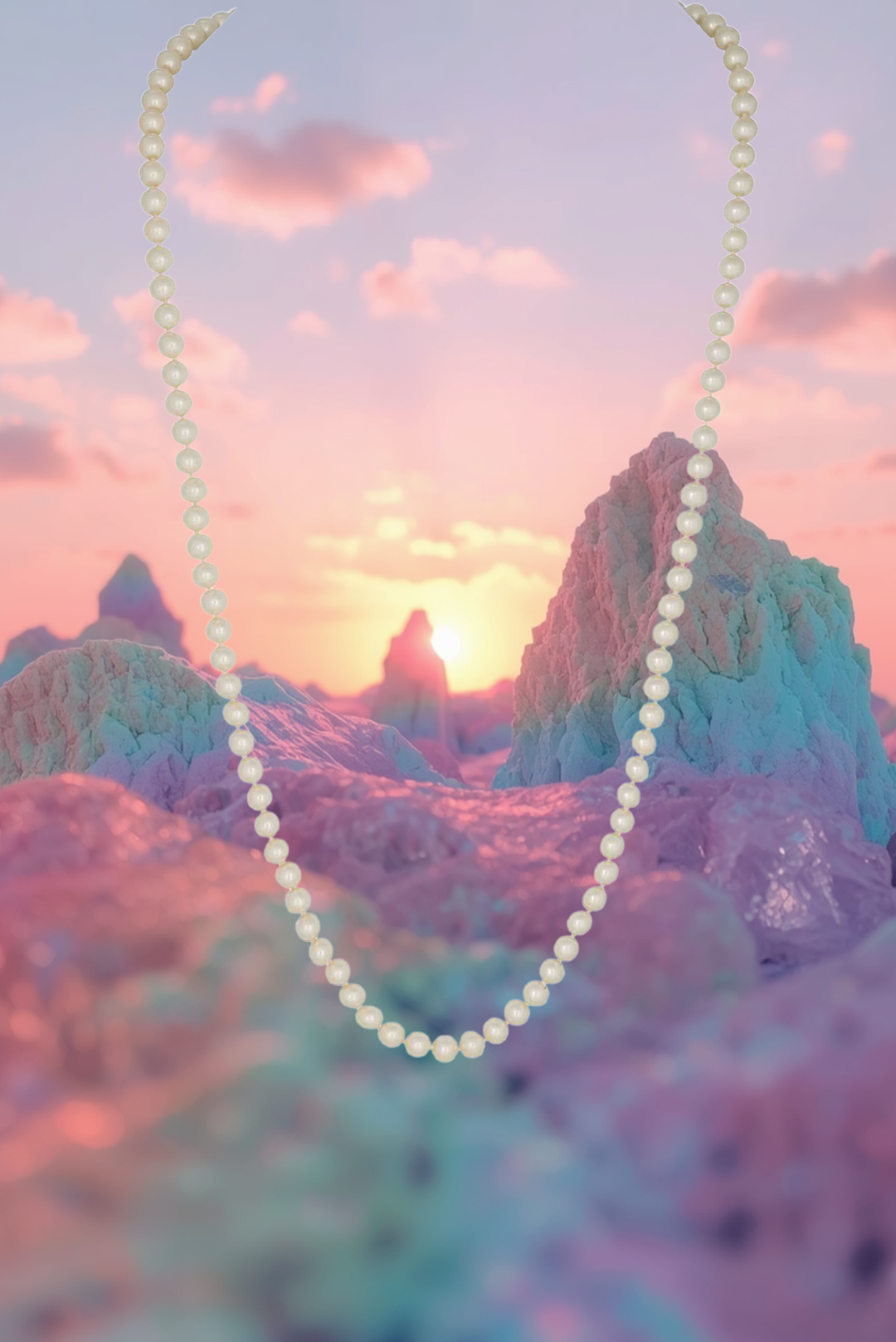 A classic white pearl necklace draped in a U-shape over a surreal, pastel-colored landscape with pink, purple, and blue mountains at sunset.