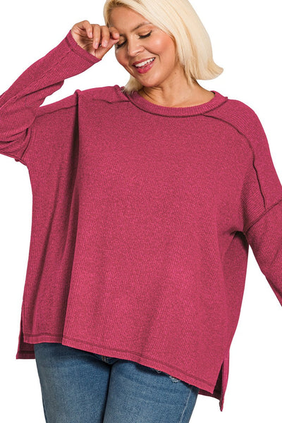 Plus Brushed Ribbed Hacci Hi-low Sweater - Cabernet