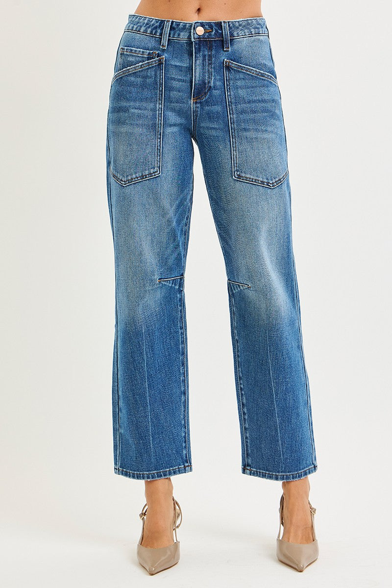 Plus Stretch Mid Rise Barrel Patch Pocket Jeans - Dark Wash