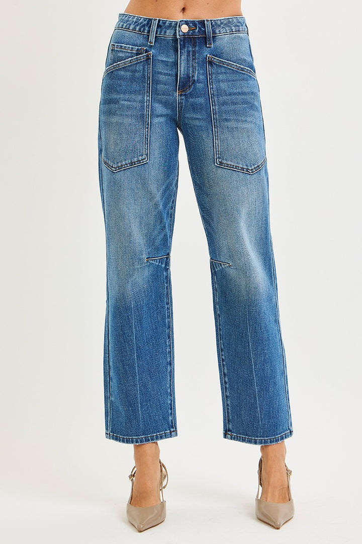 Plus Stretch Mid Rise Barrel Patch Pocket Jeans - Dark Wash