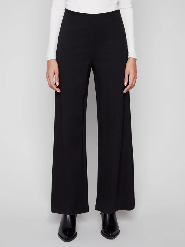 Person wearing black wide-leg pants on a white background