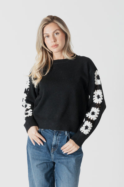 Crewneck Sweater with Crochet Sleeve - Black/White