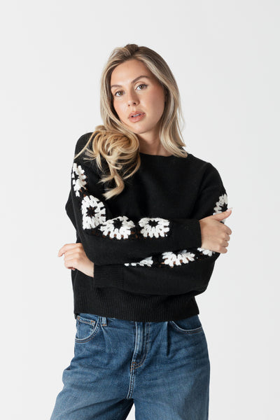 Crewneck Sweater with Crochet Sleeve - Black/White