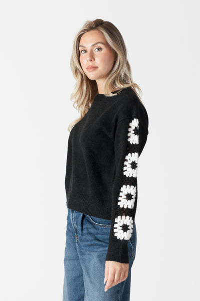 Crewneck Sweater with Crochet Sleeve - Black/White