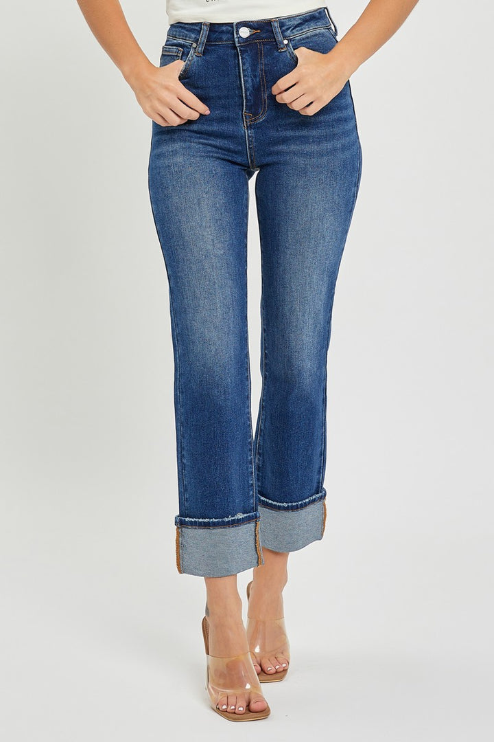 Plus Size High Rise Cuffed Straight Jeans - Dark