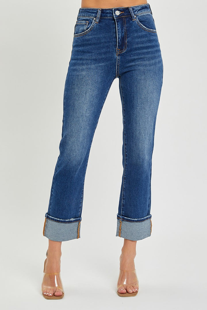 Plus Size High Rise Cuffed Straight Jeans - Dark
