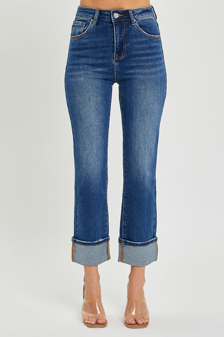 Plus Size High Rise Cuffed Straight Jeans - Dark