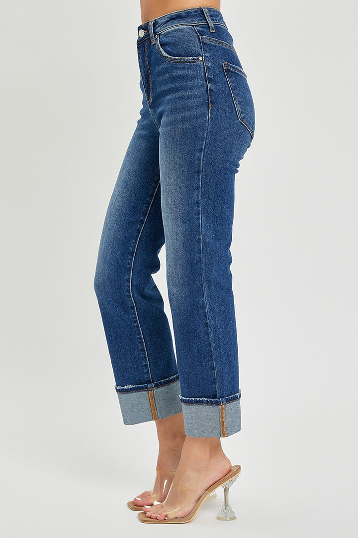 Plus Size High Rise Cuffed Straight Jeans - Dark