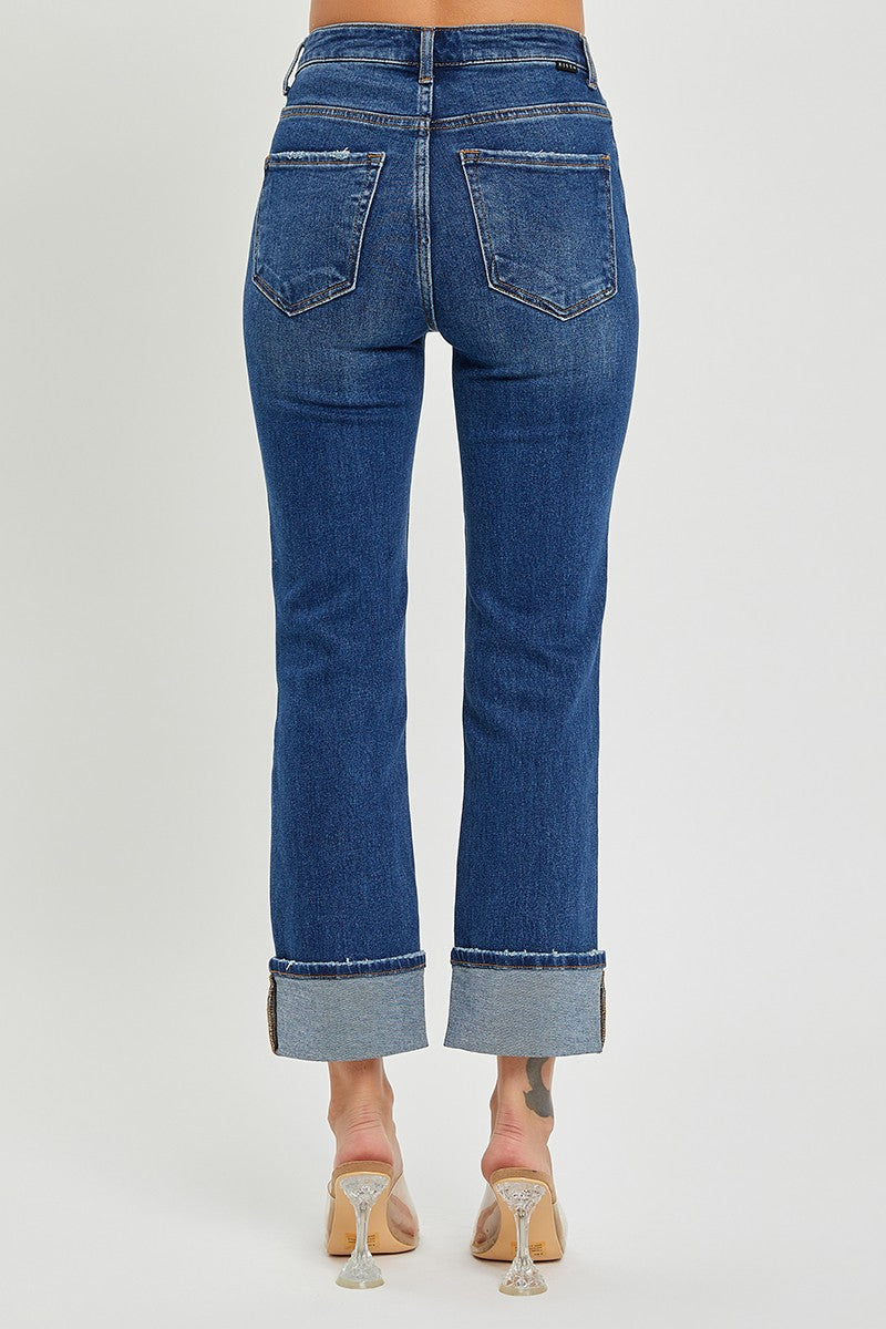 Plus Size High Rise Cuffed Straight Jeans - Dark