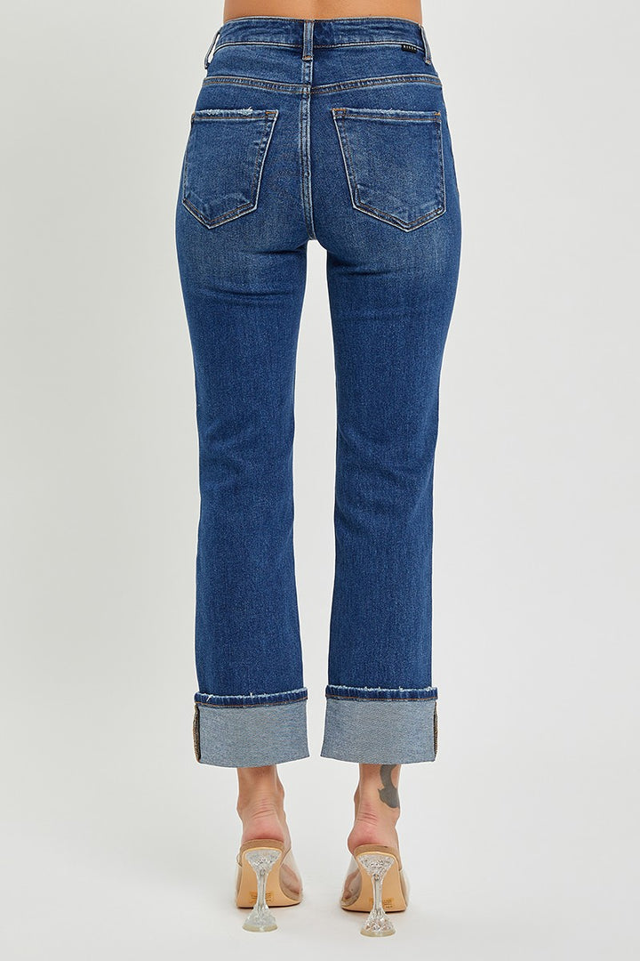 Plus Size High Rise Cuffed Straight Jeans - Dark