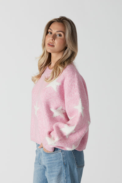 Crewneck Sweater W/ Sherpa Stars - Pink / Off White Stars