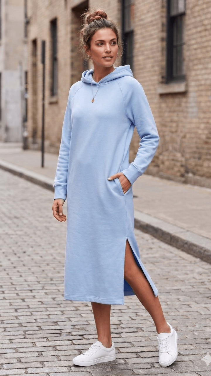 Hooded Midi Dress with Side Slits and Pockets