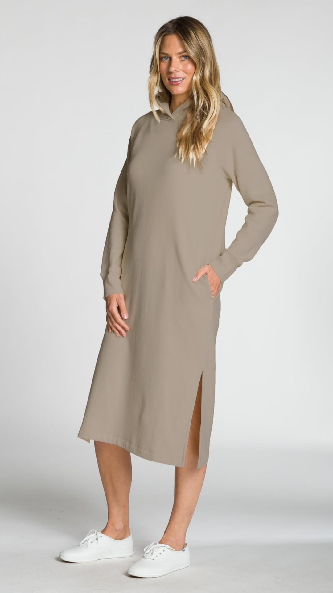 Hooded Midi Dress with Side Slits and Pockets
