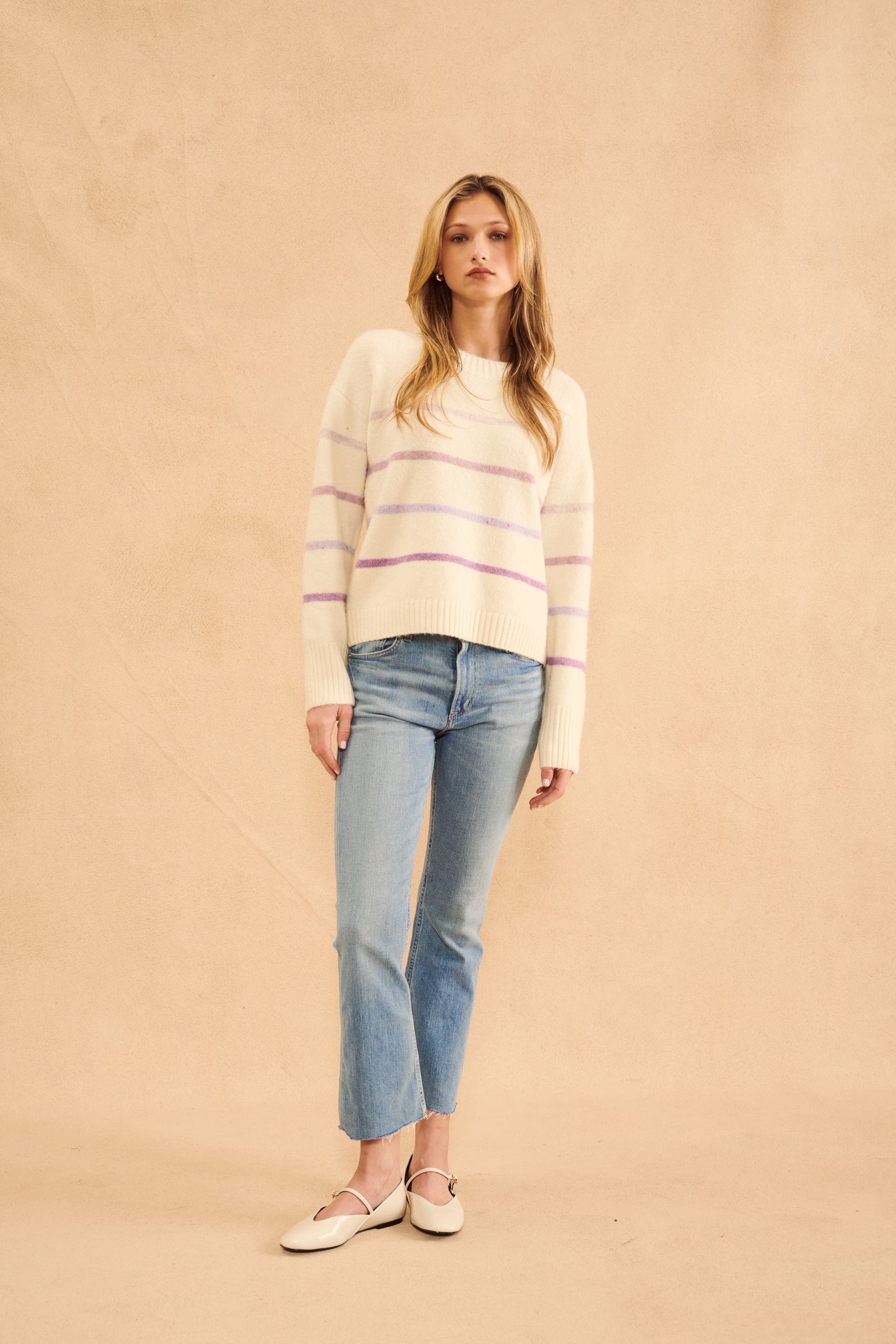 Crew Neck Long Sleeve Pullover - Pearl/Violet