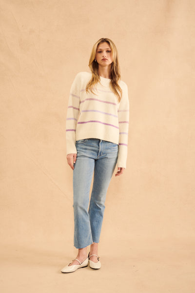 Crew Neck Long Sleeve Pullover - Pearl/Violet