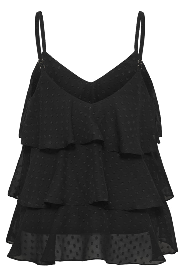 A black tiered ruffle camisole top with a subtle polka dot pattern, featuring thin shoulder straps and a V-neckline, shown against a plain white background.