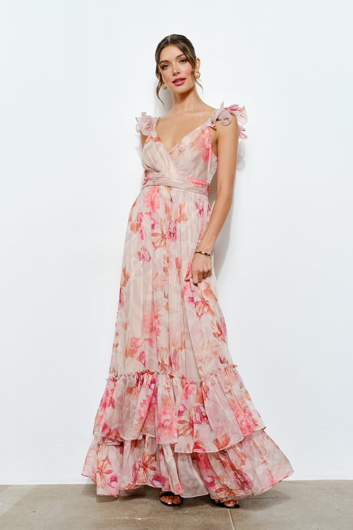 Ruffled Floral Chiffon Tiered Maxi Dress - Peach Floral