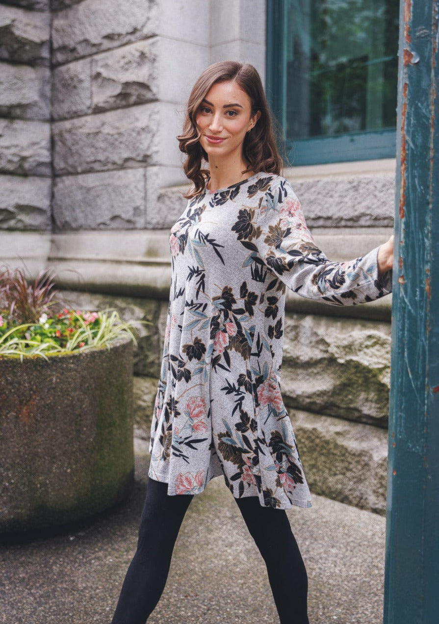 Floral A Line Sweater Dress with Pockets - Grey