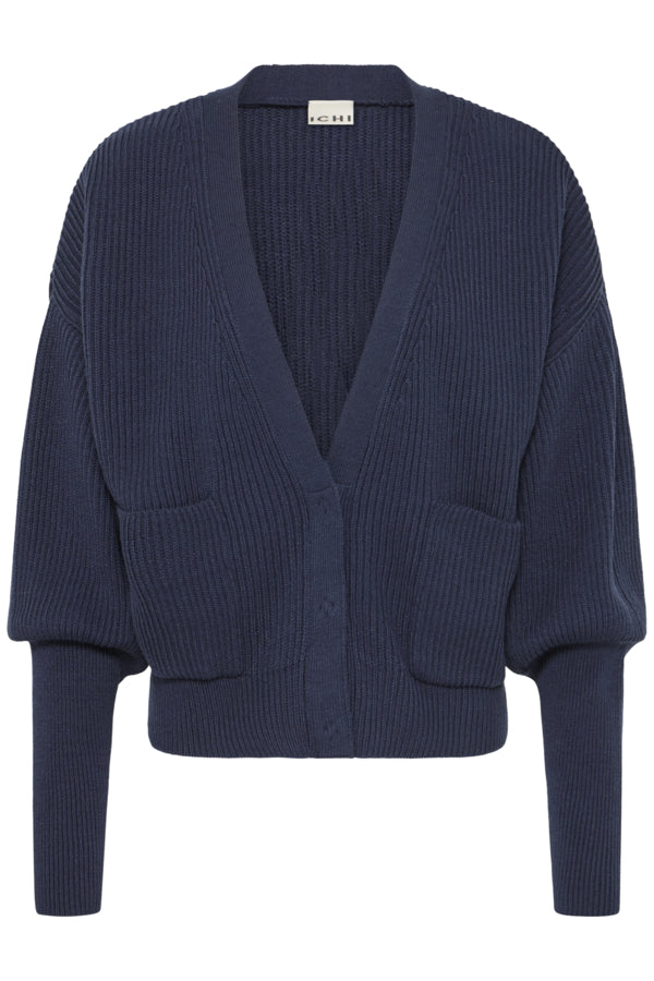 Navy blue cardigan with pockets on a white background