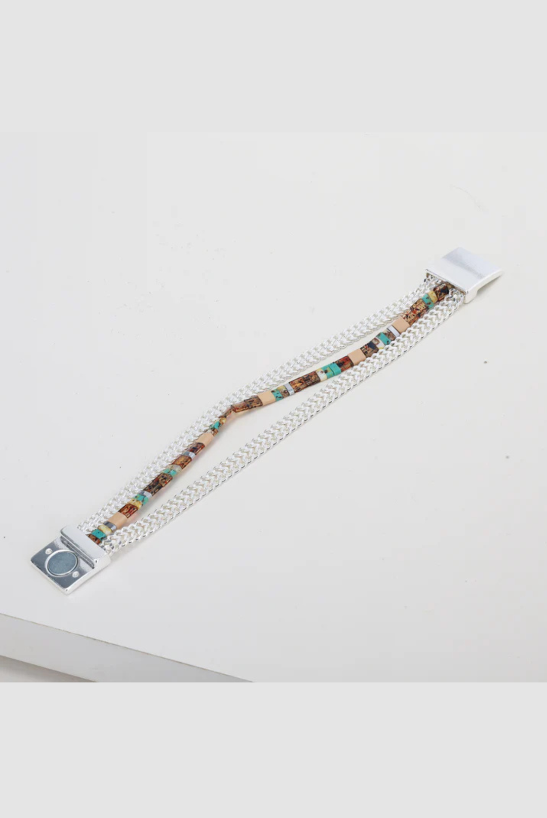 Silver Double Strand Bracelet with Wood Beads &amp; Turquoise Accents