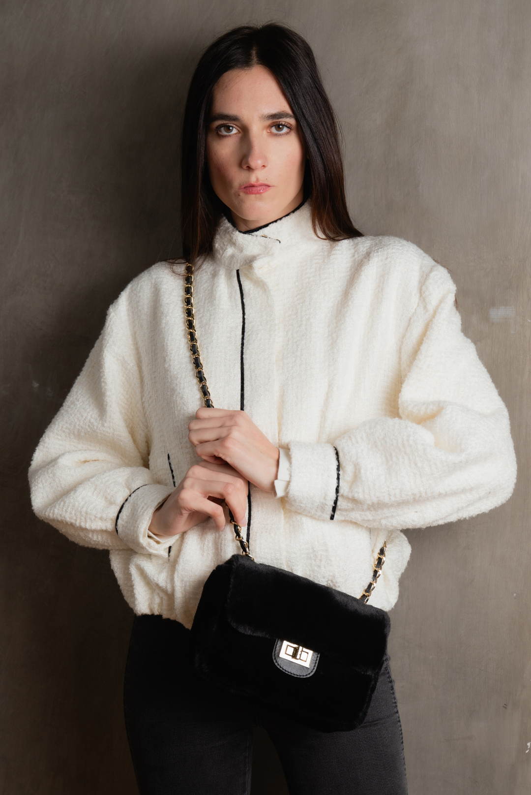 Itam Black Faux Fur Handbag – Gold Closure