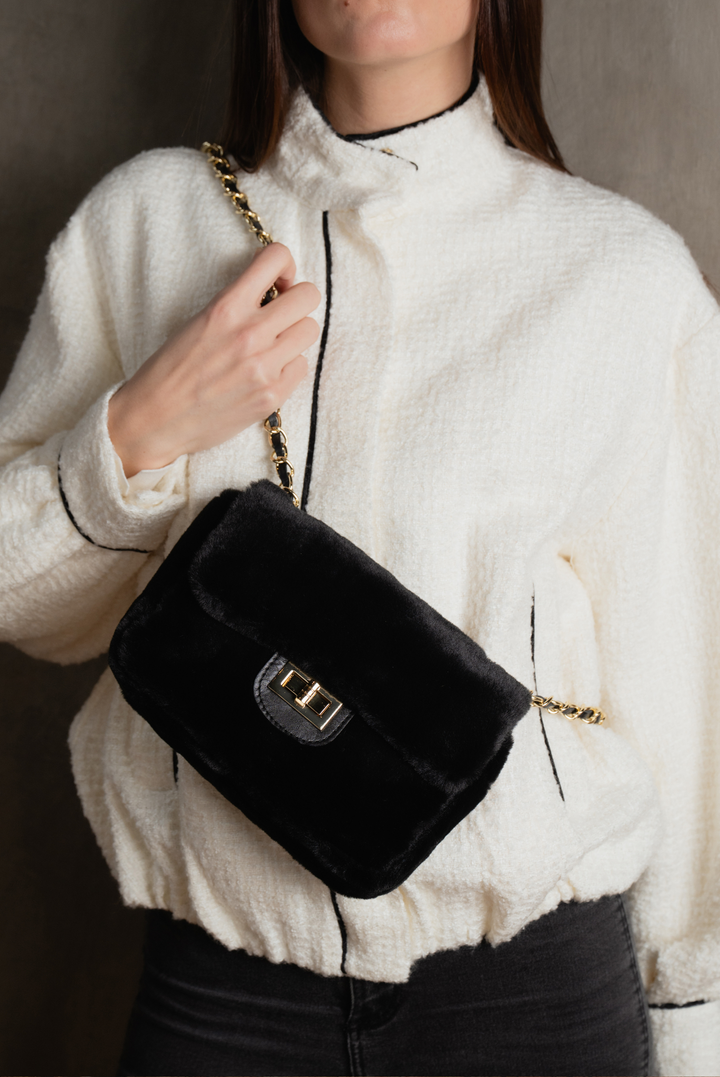 Itam Black Faux Fur Handbag – Gold Closure