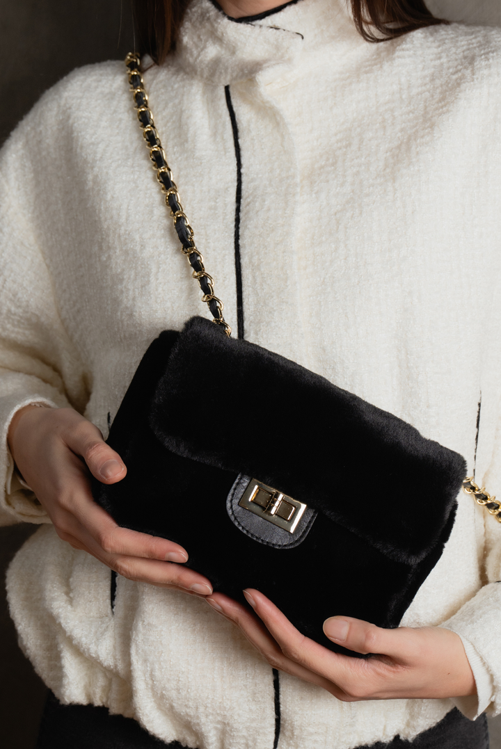 Itam Black Faux Fur Handbag – Gold Closure